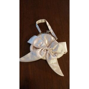 Purse ivory color satin clutch purse with bow, rhinestone, handle, Bijoux Terner